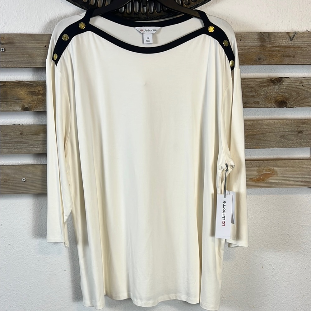 Liz Claiborne Cream and Black Boxy Blouse